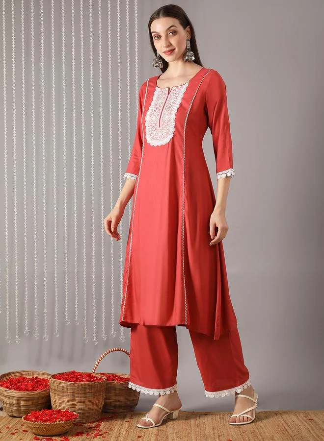 globus Women Pink Round Neck Embroidered Kurta with Pants Set